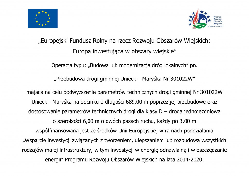 „Przebudowa drogi gminnej Unieck -Maryśka Nr 301022W” w ramach Programu Rozwoju Obszarów Wiejskich na lata 2014-2020