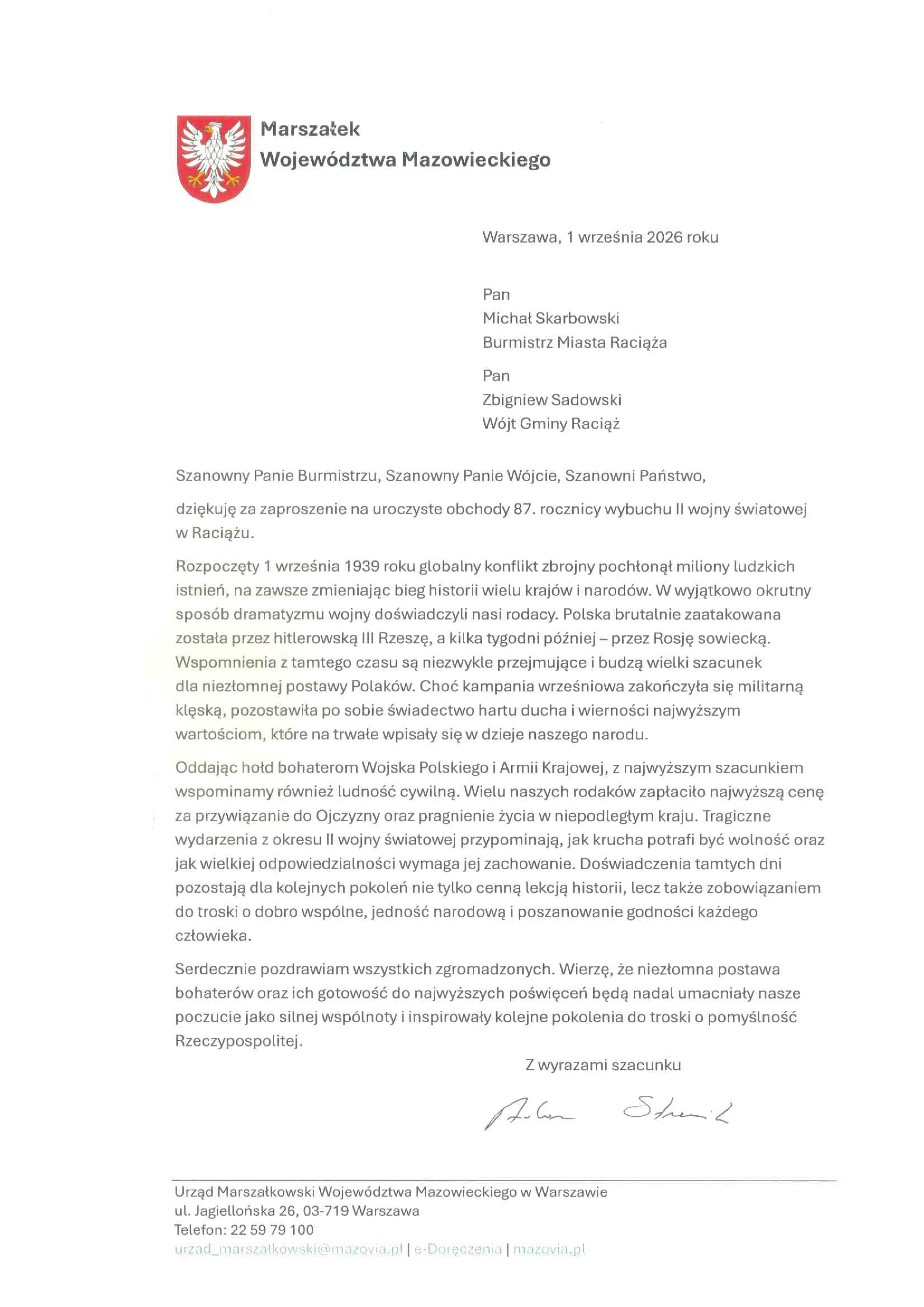 List Marszałka Województwa Mazowieckiego z okazji 87. rocznicy wybuchu II wojny światowej