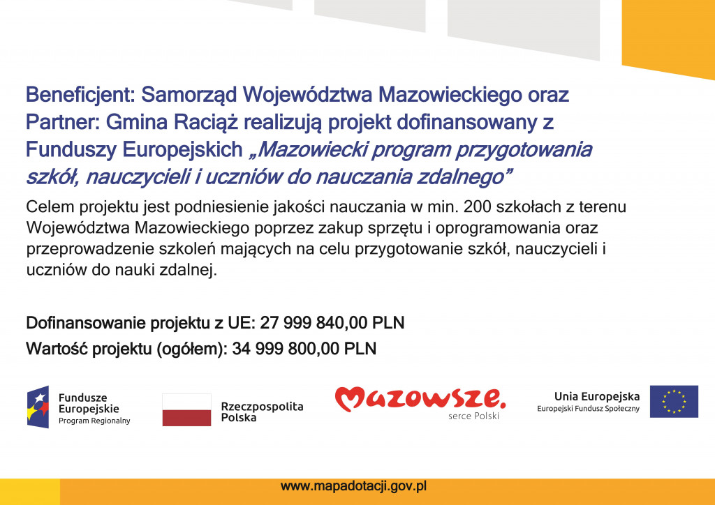 Gmina Raciąż w partnerstwie z Samorządem Województwa Mazowieckiego realizuje projekt pn. 
