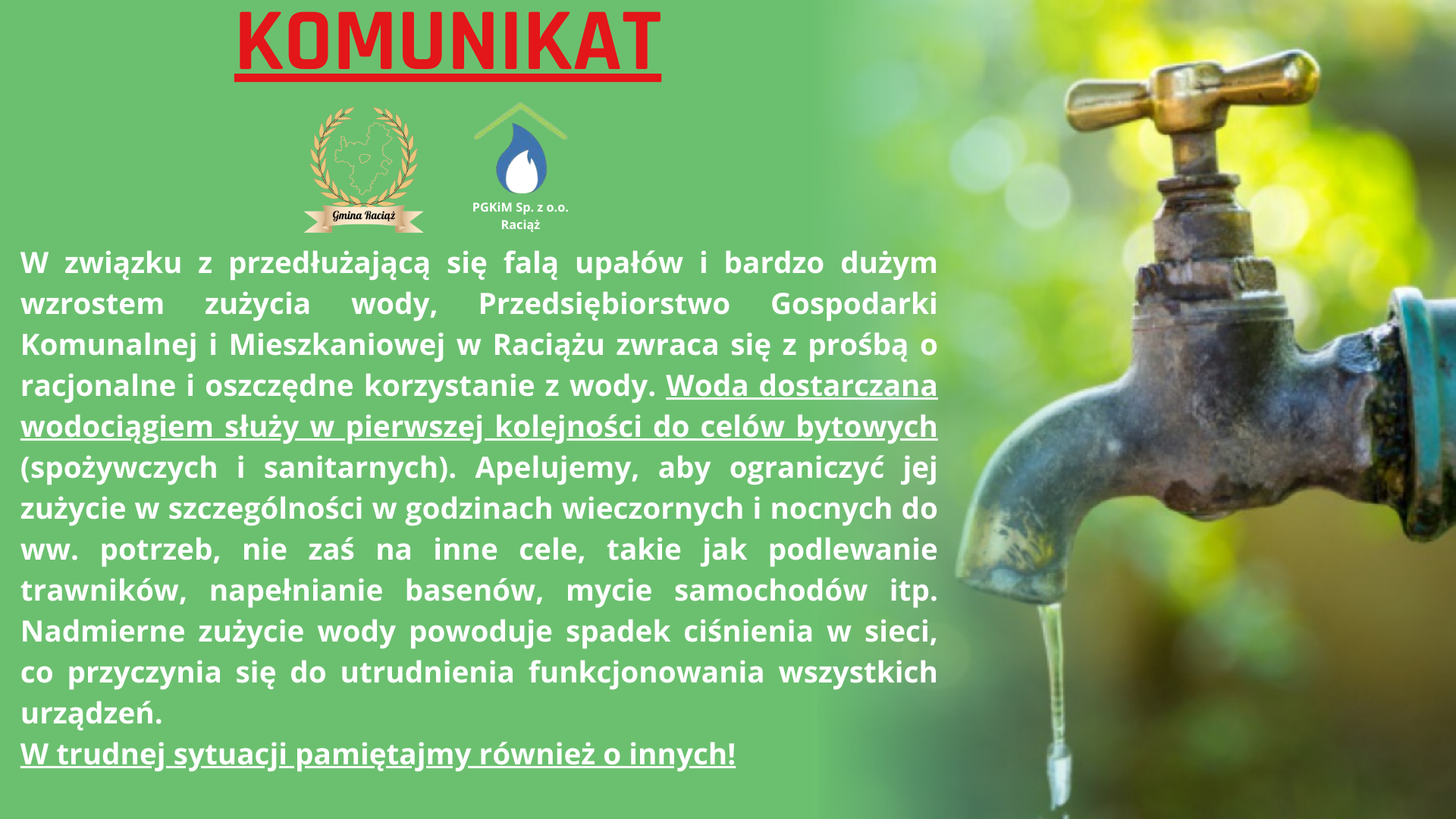 Komunikat PGKiM w Raciążu w sprawie racjonalnego korzystania z wody