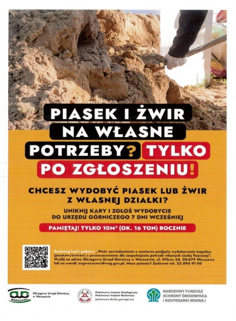 Informacja Okręgowego Urzędu Górniczego w Warszawie  dotyczące  możliwości legalnego pozyskiwania piasków i żwirów z własnych nieruchomości