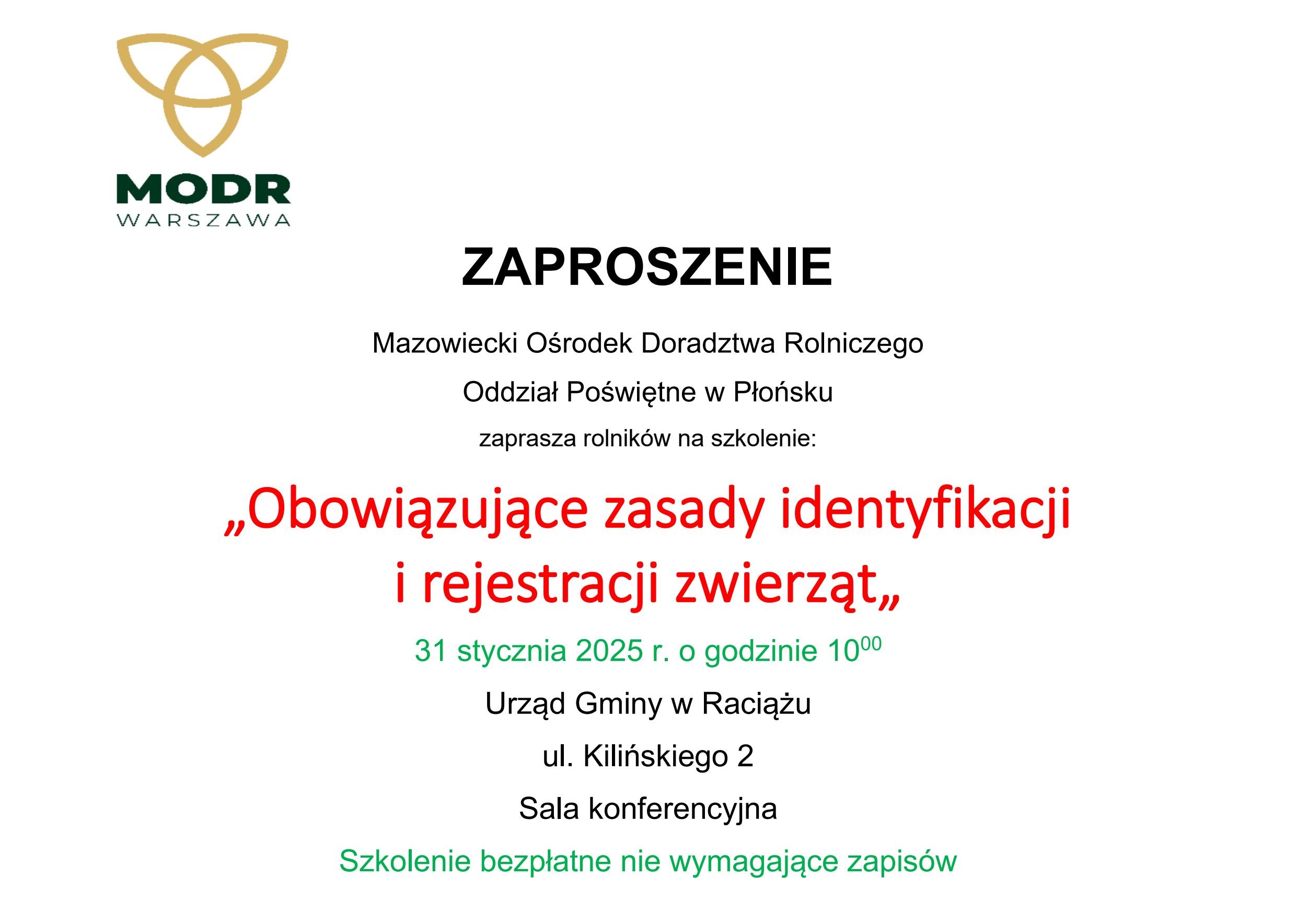 Zaproszenie od MODR Poświętne na szkolenie z obowiązujących zasad identyfikacji i rejestracji zwierząt