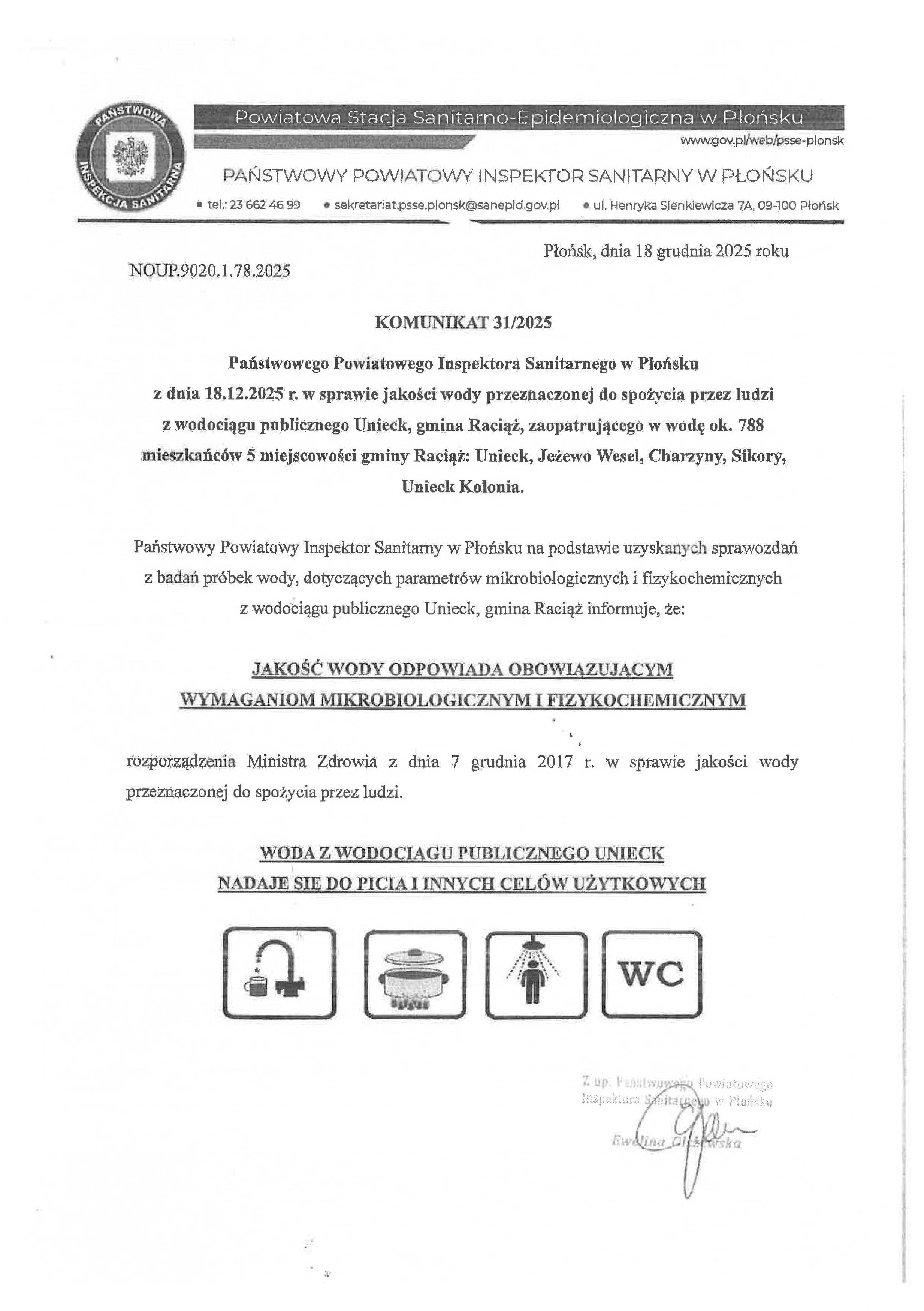KOMUNIKAT W SPRAWIE JAKOŚCI WODY Z WODOCIĄGU UNIECK