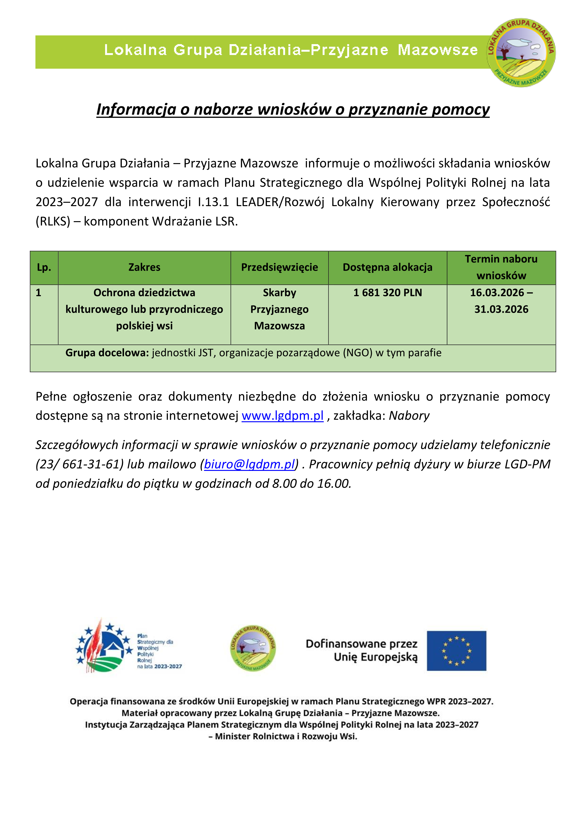 Nabór wniosków o przyznanie pomocy z zakresu 